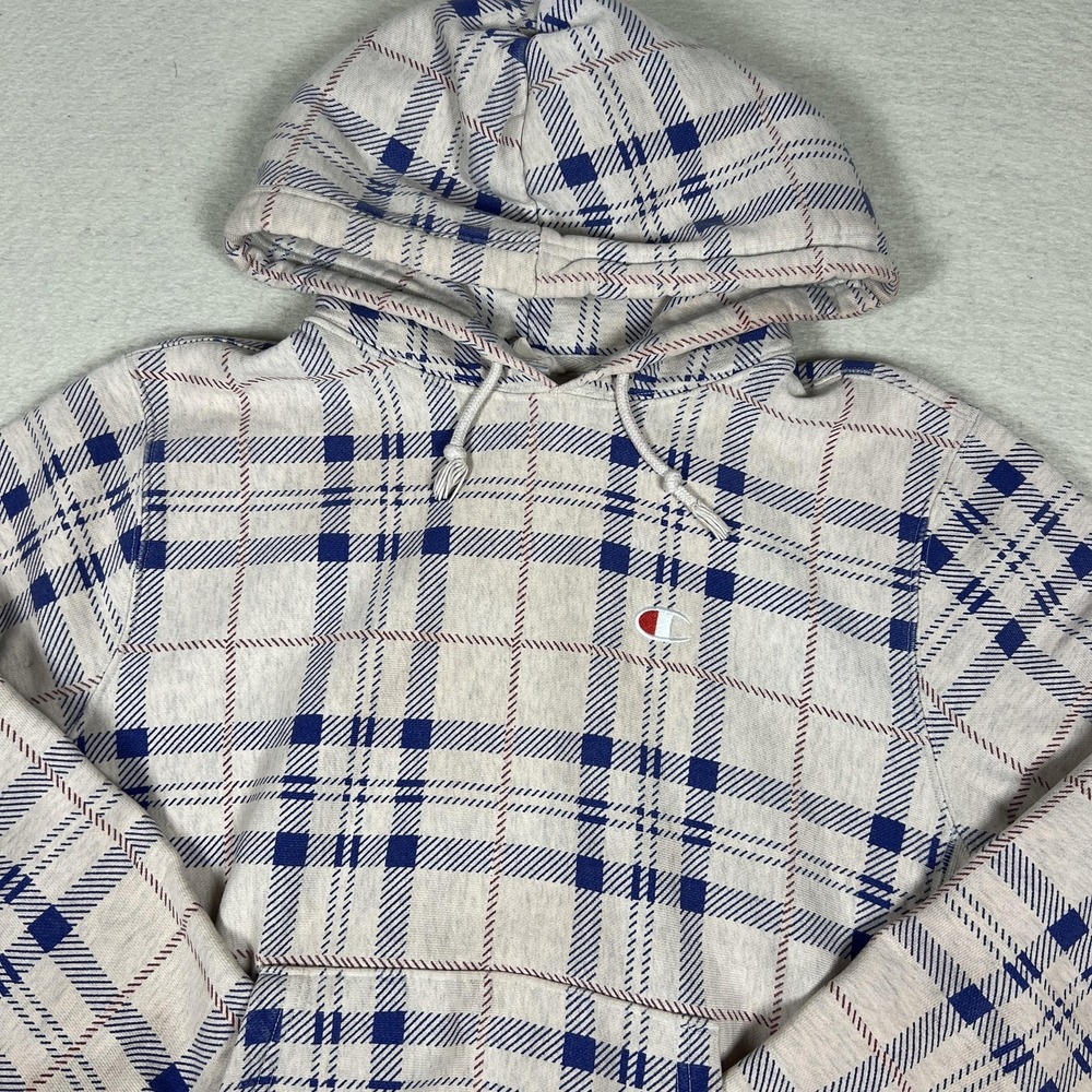 Champion Reverse Weave Hoodie Mens M‎ Light Pink Blue Plaid Fleece Pullover Logo